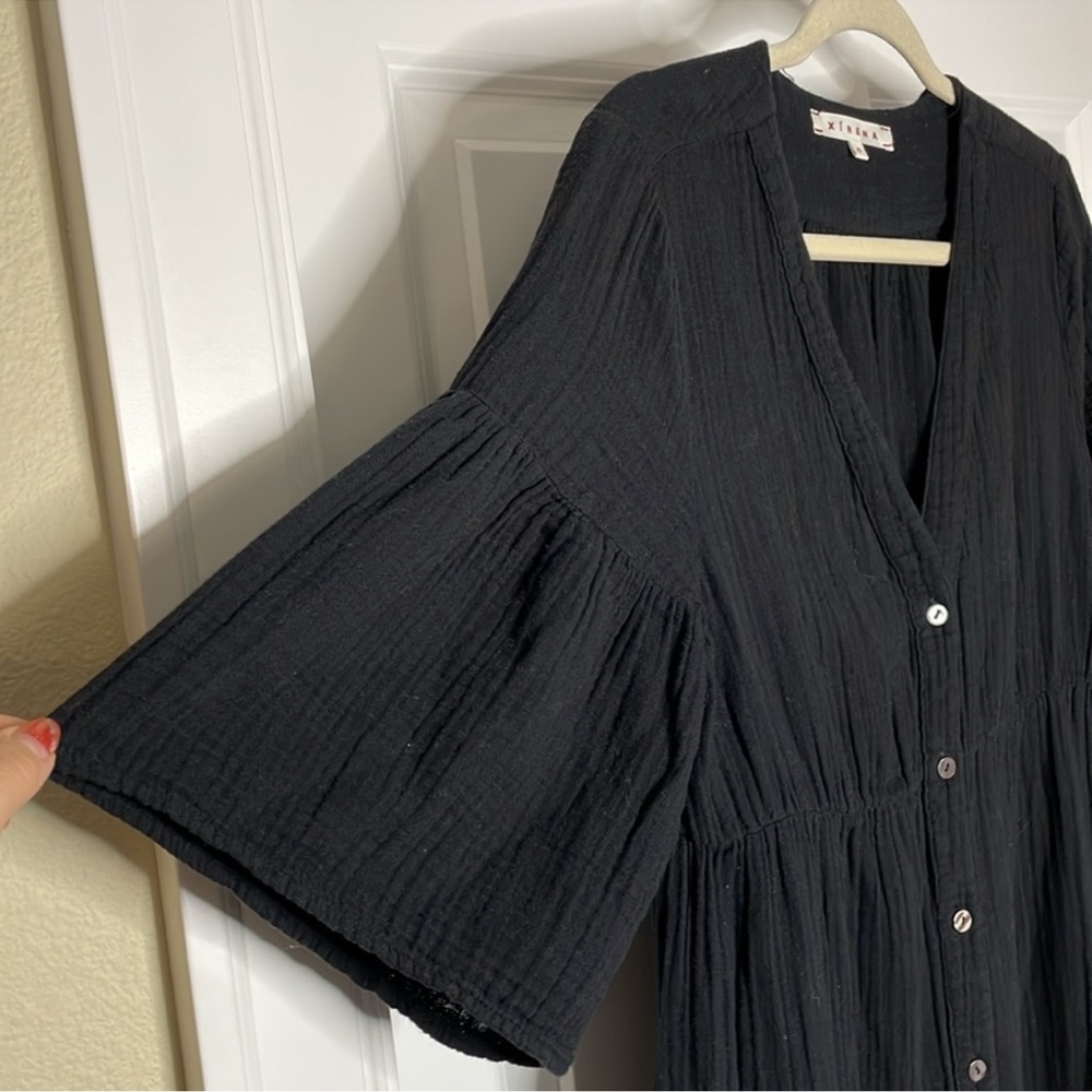 Xirena Tired Kendall Black Crinkle Gauze Midi Dress Size Small Button Front - Picture 4 of 10
